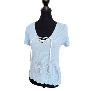Links&Links Light Blue Knit Top with Lace-Up Detail size medium